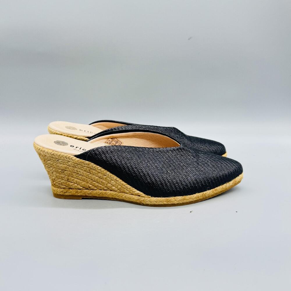 Eric Michael Shoes Womens 8 Black Leather Espadrille Wedge Mule Heels Slip On